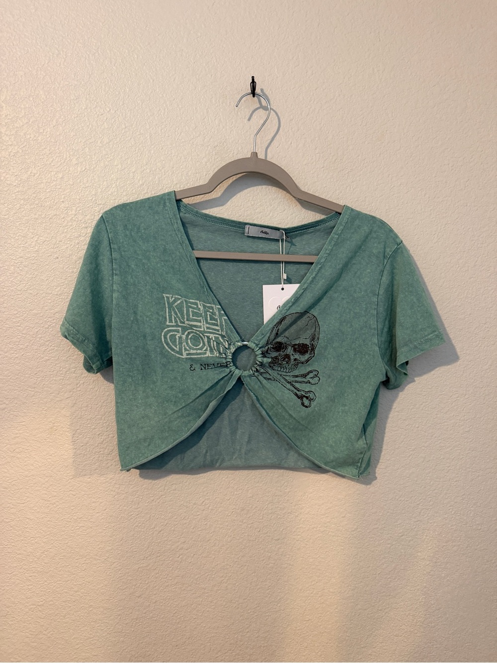 Adika Mint Green Skull Tie-Front Crop Tee